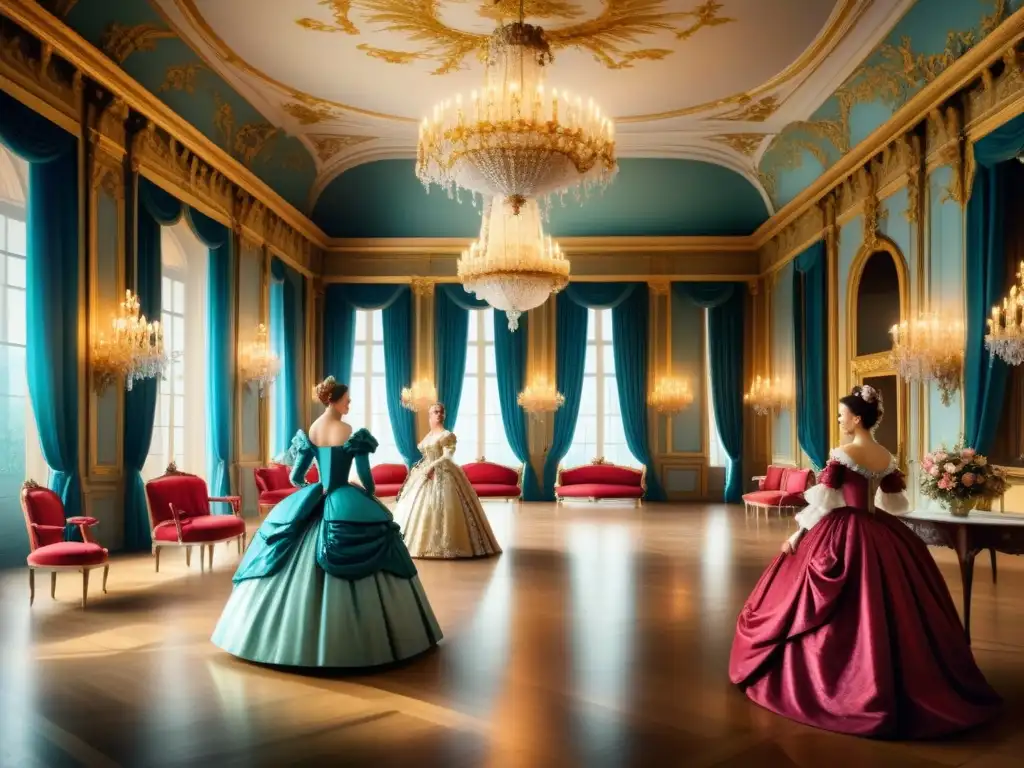 Pintura detallada de un salón rococó en la corte francesa