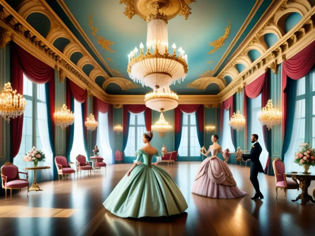 Pintura detallada de un salón rococó en la corte real francesa