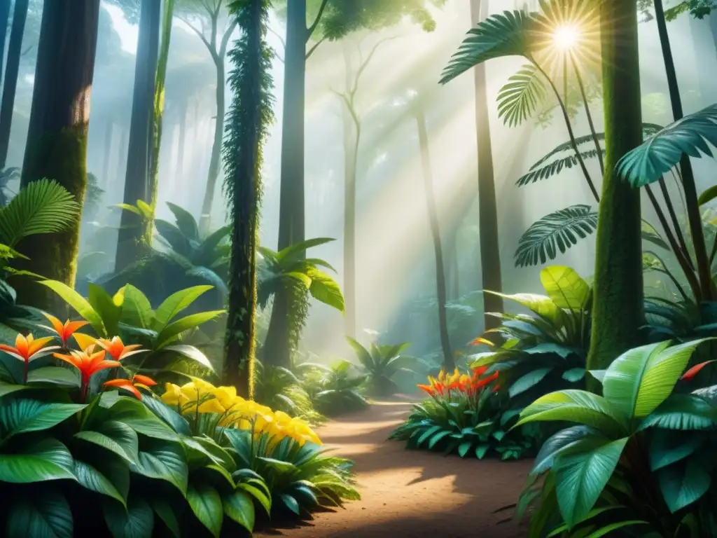 Una pintura detallada de la selva con flora y fauna exótica que promueve conciencia ambiental