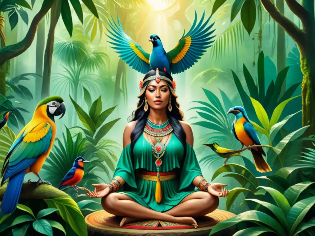 Pintura detallada de la selva latinoamericana con chaman realizando ritual espiritual