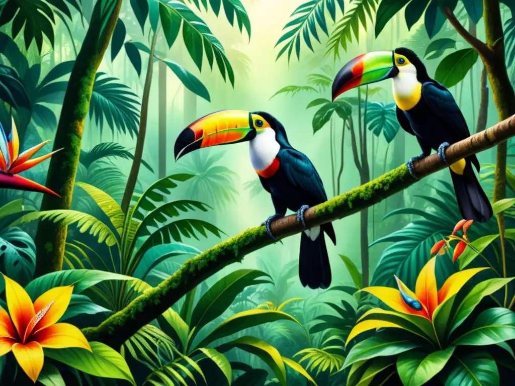 Pintura acuarela detallada de selva tropical con flora exuberante y animales, estilo hiperrealista