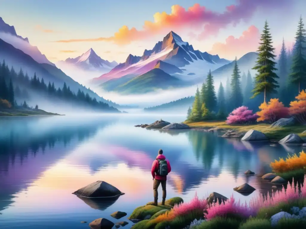 Una pintura detallada de una serena montaña al amanecer, con tonos vibrantes y un lago cristalino