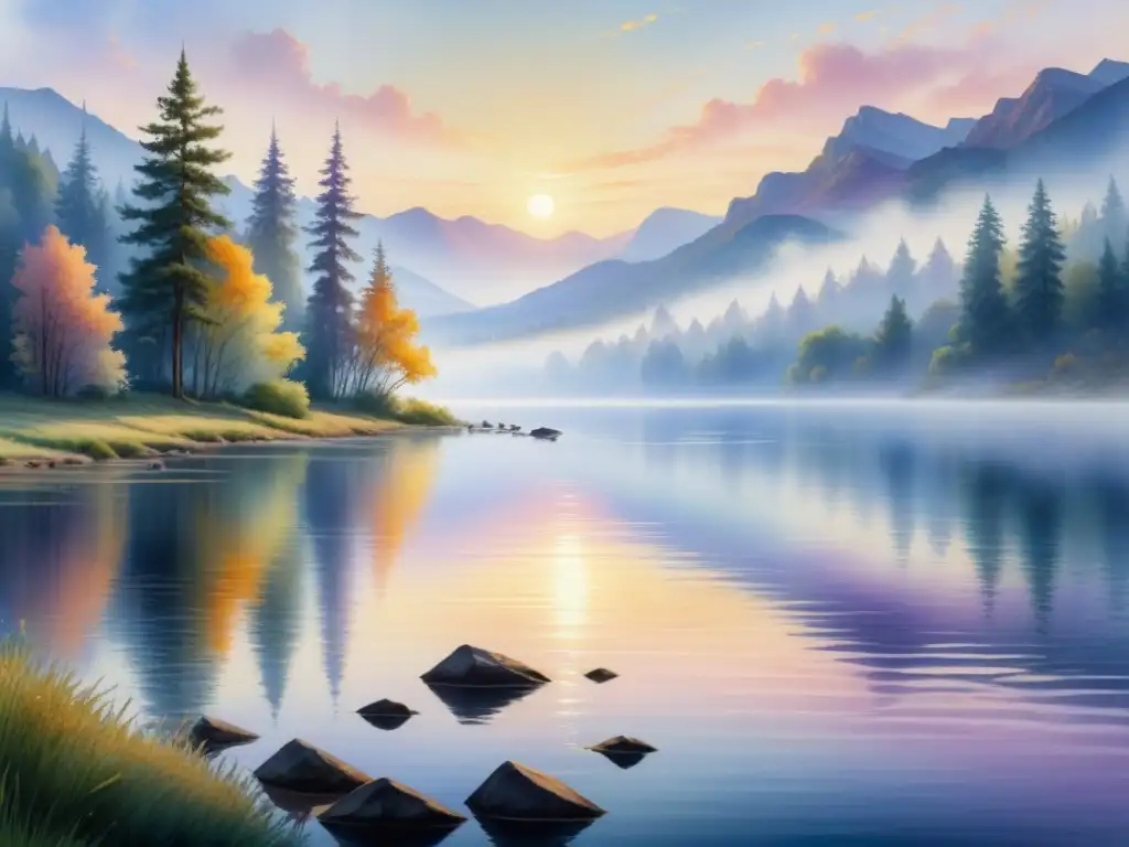 Pintura detallada de un sereno amanecer sobre un lago tranquilo en tonos rosados, naranjas y amarillos