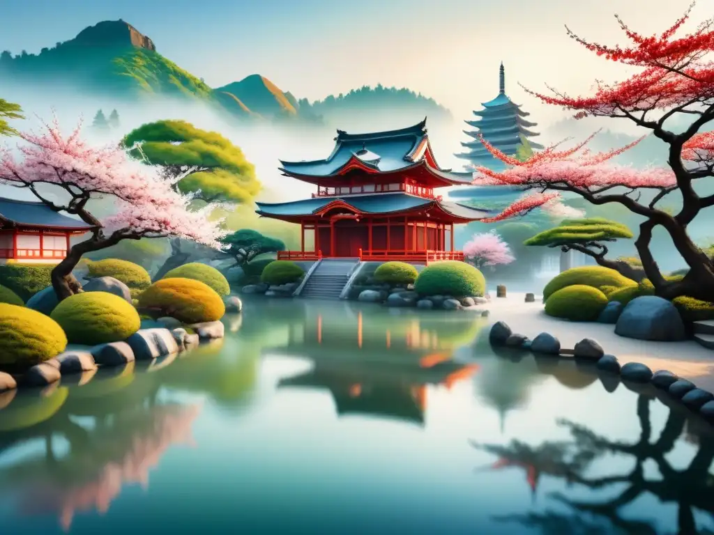 Pintura acuarela detallada de jardín japonés sereno con cerezos vibrantes en flor, estanque tranquilo y pagoda roja entre vegetación exuberante