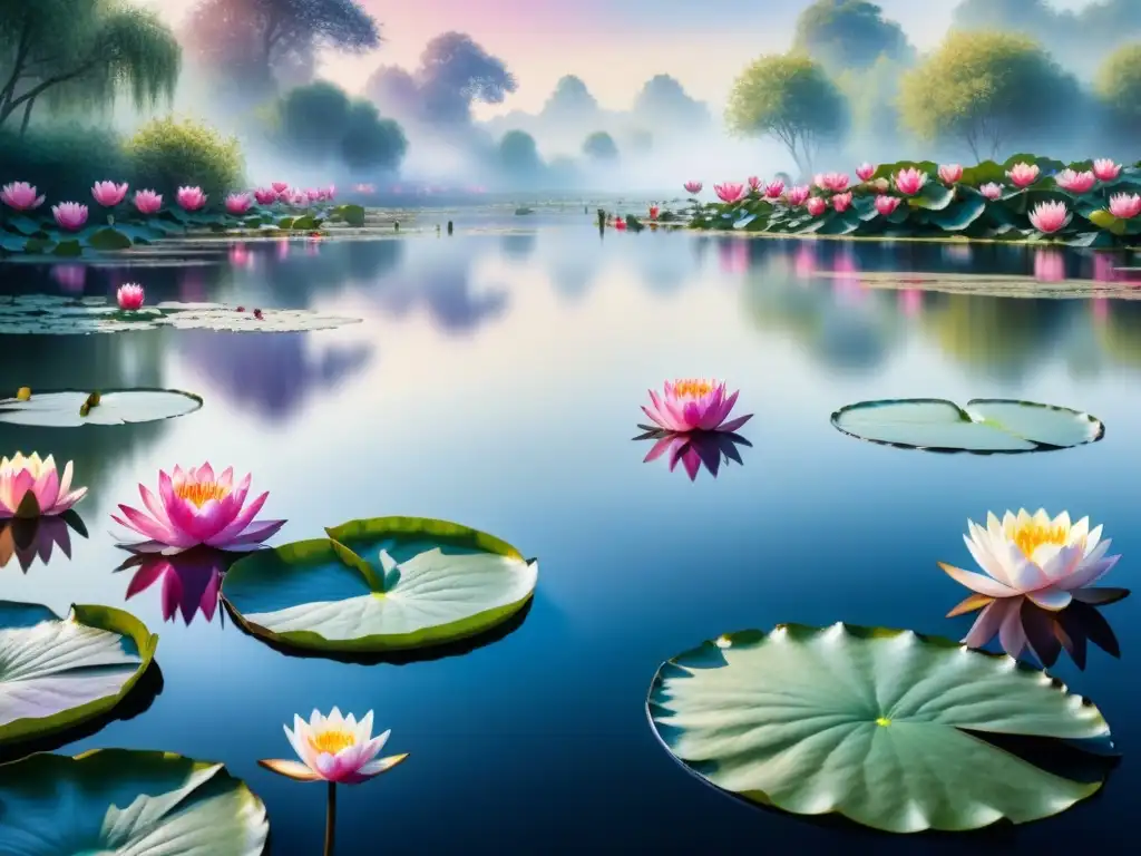 Una pintura detallada de un sereno estanque con lirios acuáticos en tonos rosados, púrpuras y blancos, inspirada en el arte visual de Monet