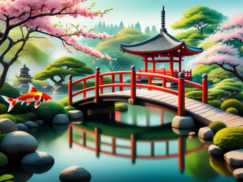 Pintura detallada de jardín japonés sereno con vegetación exuberante, árboles de cerezo vibrantes en plena floración y un puente de madera tradicional sobre un estanque tranquilo lleno de peces koi coloridos, con una pagoda asomando en el fondo