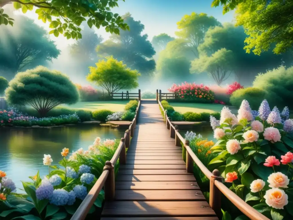 Pintura acuarela detallada de un jardín sereno con flores vibrantes en tonos pastel, capturando la relación entre Impresionismo y Fotografía