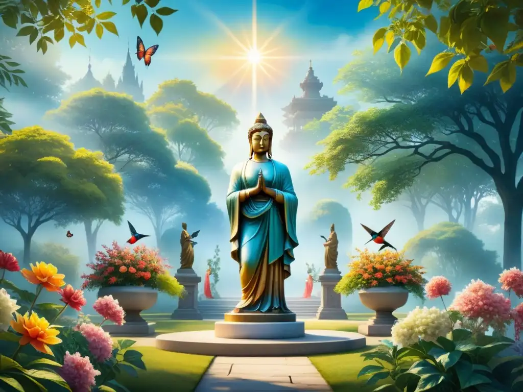 Pintura detallada de un jardín sereno con flores vibrantes, estatua religiosa, mariposas y colibríes