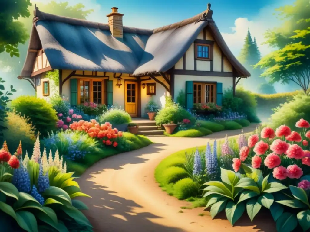 Pintura acuarela detallada de un sereno jardín con flores vibrantes en tonos pastel, evocando la evolución del arte impresionista