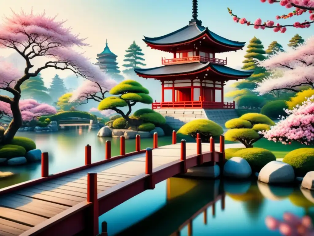 Pintura acuarela detallada de un sereno jardín japonés con árboles de cerezo en flor y una pagoda al fondo