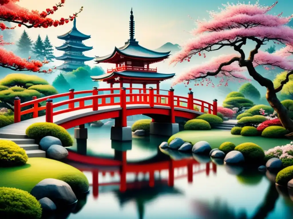 Pintura acuarela detallada de un sereno jardín japonés con cerezos en flor, un puente rojo y peces koi