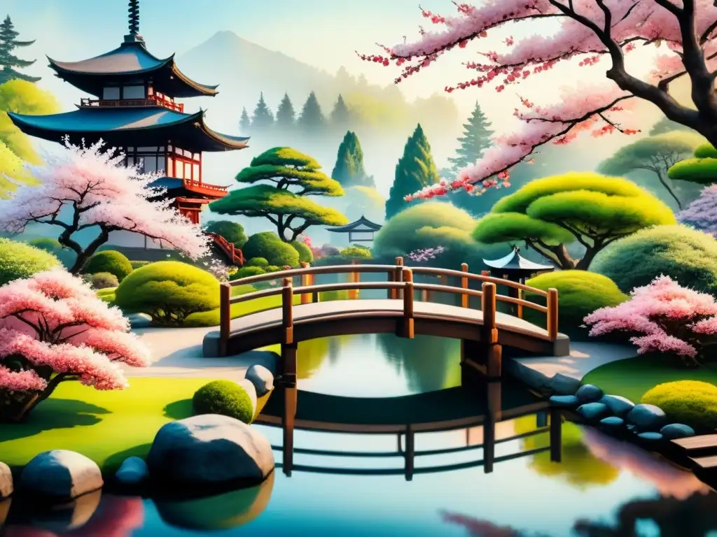 Pintura acuarela detallada de un sereno jardín japonés con puente de madera tradicional sobre estanque con koi coloridos