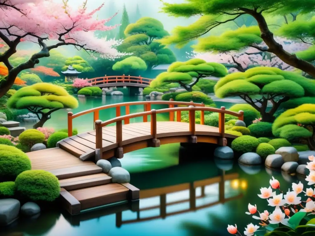 Pintura detallada de un sereno jardín japonés con puente de madera sobre estanque de koi y árboles de cerezo en flor