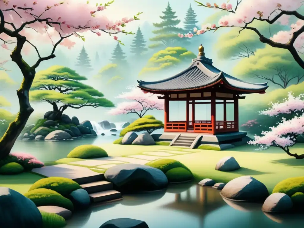 Pintura acuarela detallada en 8k de jardín japonés sereno con linterna de piedra, árboles de cerezo y estética WabiSabi arte visual