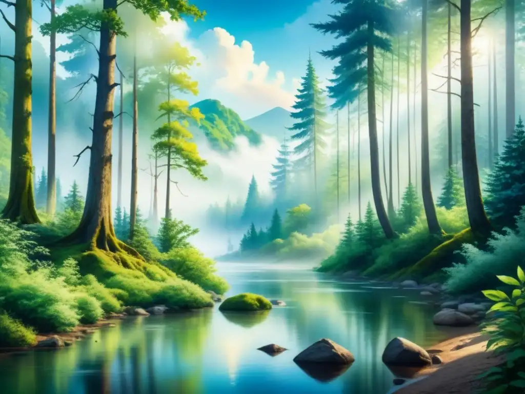 Pintura detallada de un sereno paisaje natural, con bosque verde exuberante, río tranquilo y cielo azul con nubes