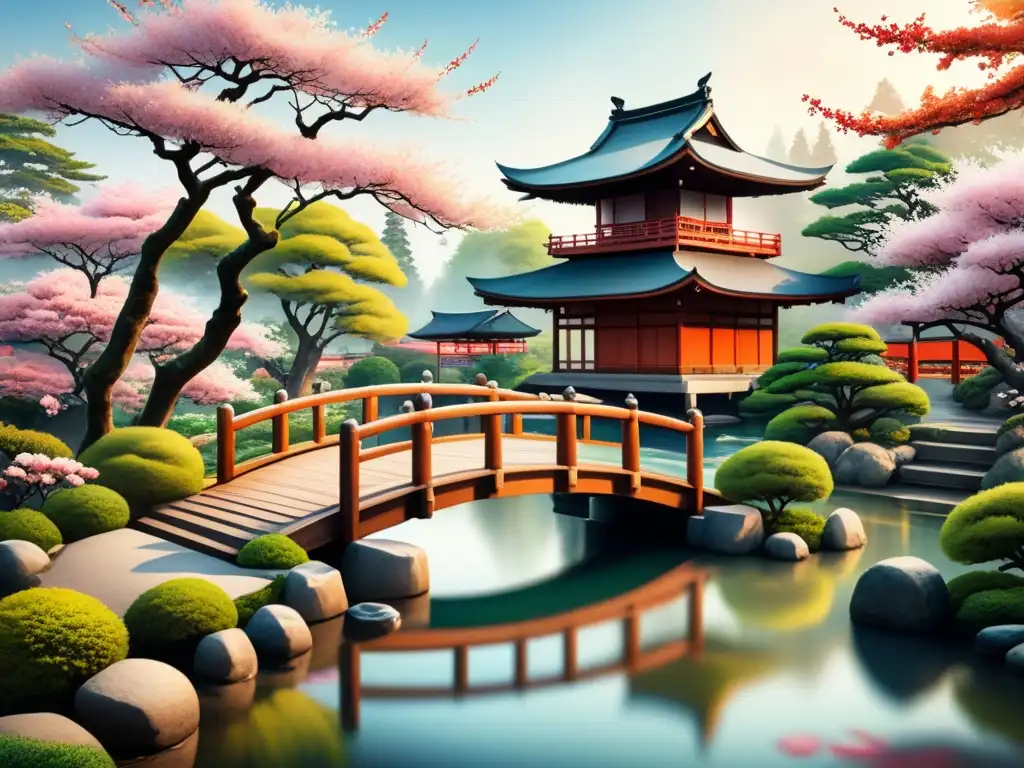 Pintura acuarela detallada de jardín japonés sereno con puente de madera, peces koi y árboles de cerezo en flor