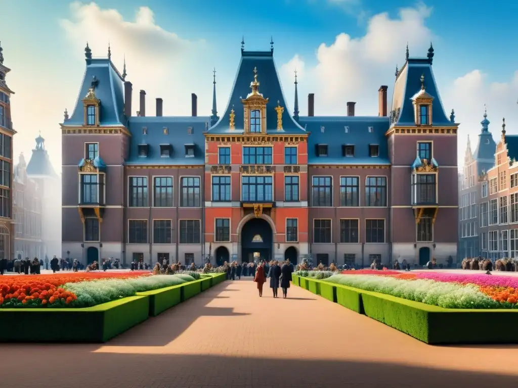 Pintura detallada del Rijksmuseum en Ámsterdam durante el Siglo de Oro holandés, con arquitectura grandiosa y bulliciosa actividad exterior