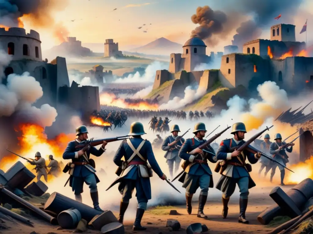 Pintura detallada acuarela: soldados en uniformes históricos en conflicto