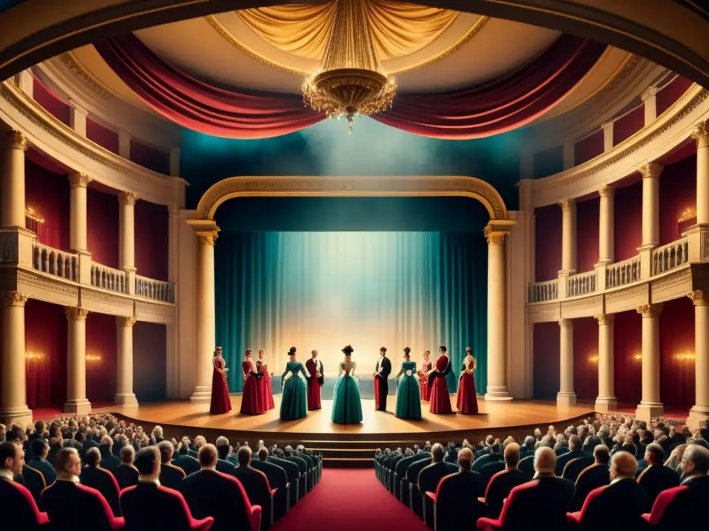 Pintura acuarela detallada de teatro neoclásico con columnas elaboradas, cortinas dramáticas y escenario