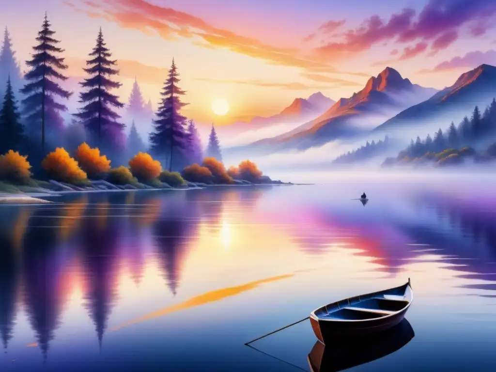 Pintura acuarela detallada con técnicas de arte visual avanzadas, amanecer sereno sobre lago