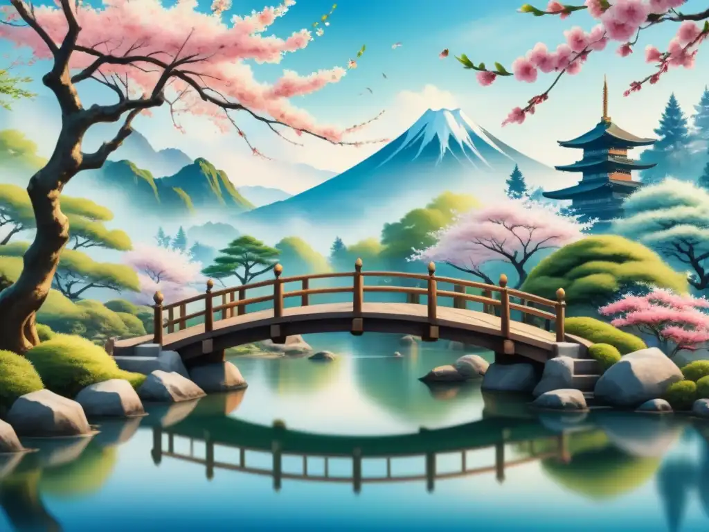 Pintura detallada de jardín japonés en floración con técnicas de arte lento terapéutico