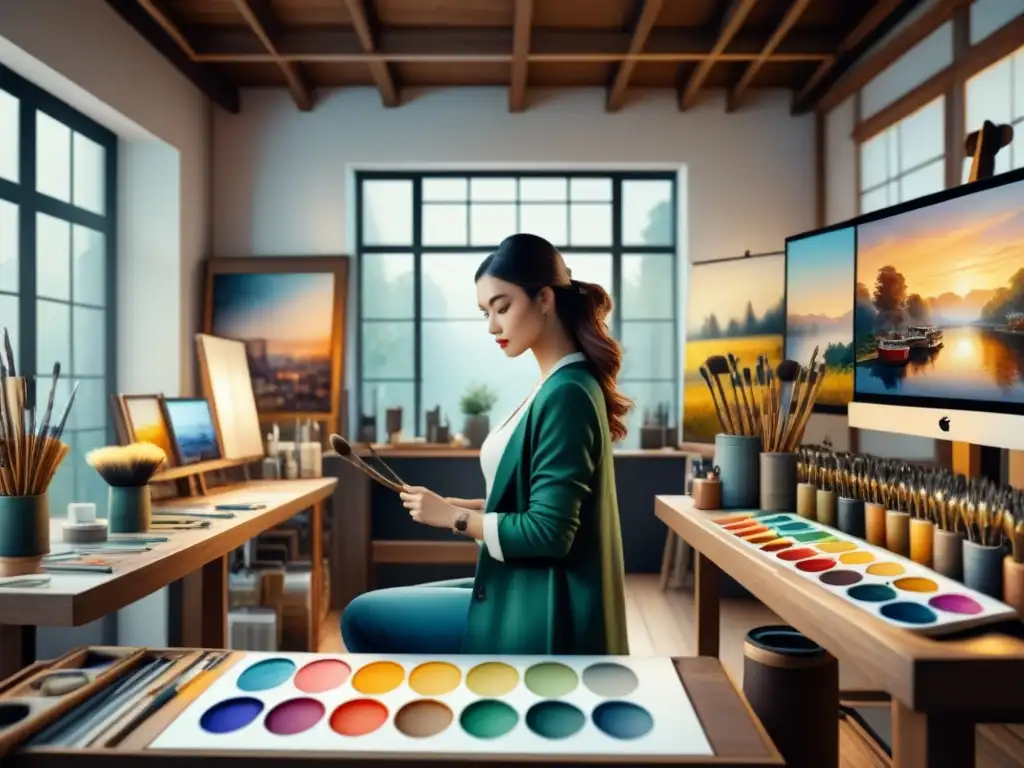 Pintura detallada que muestra evolución técnicas artísticas era moderna en estudio de arte