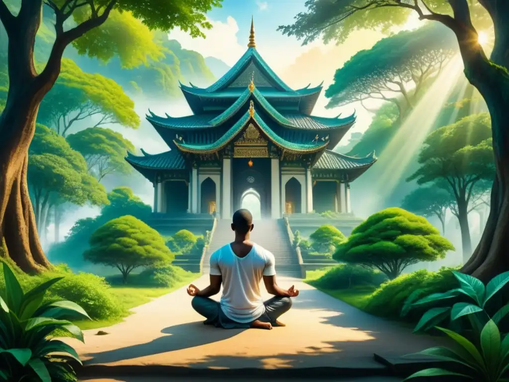 Una pintura detallada de un templo sereno rodeado de exuberante vegetación, con rayos de sol iluminando la escena