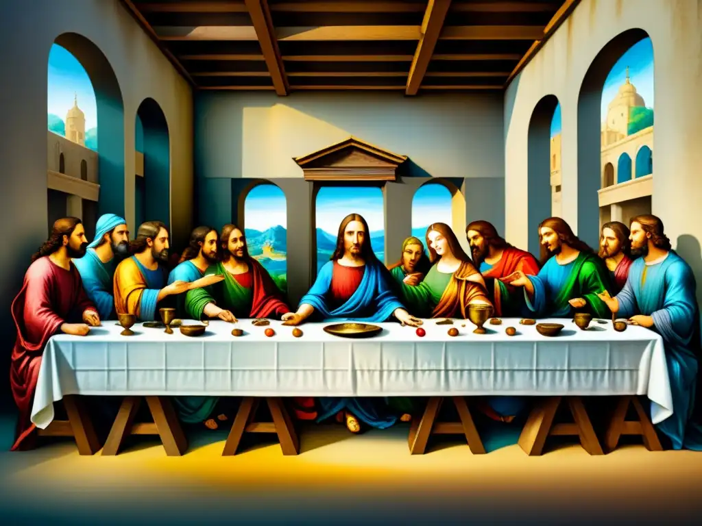 Una pintura detallada de 'La Última Cena' de Da Vinci, con expresiones emotivas y aura enigmática