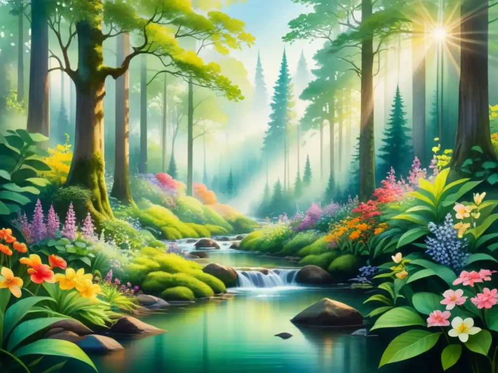 Pintura detallada acuarela: bosque verde exuberante, flores vibrantes, árboles altos, arroyo suave