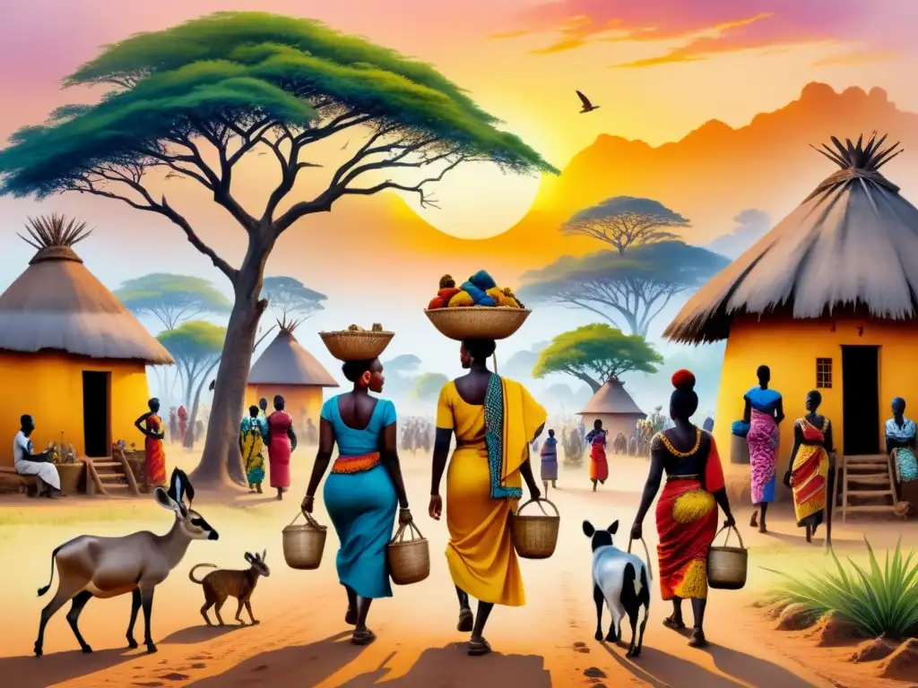 Pintura detallada de una vibrante aldea africana bajo un cielo dorado al atardecer