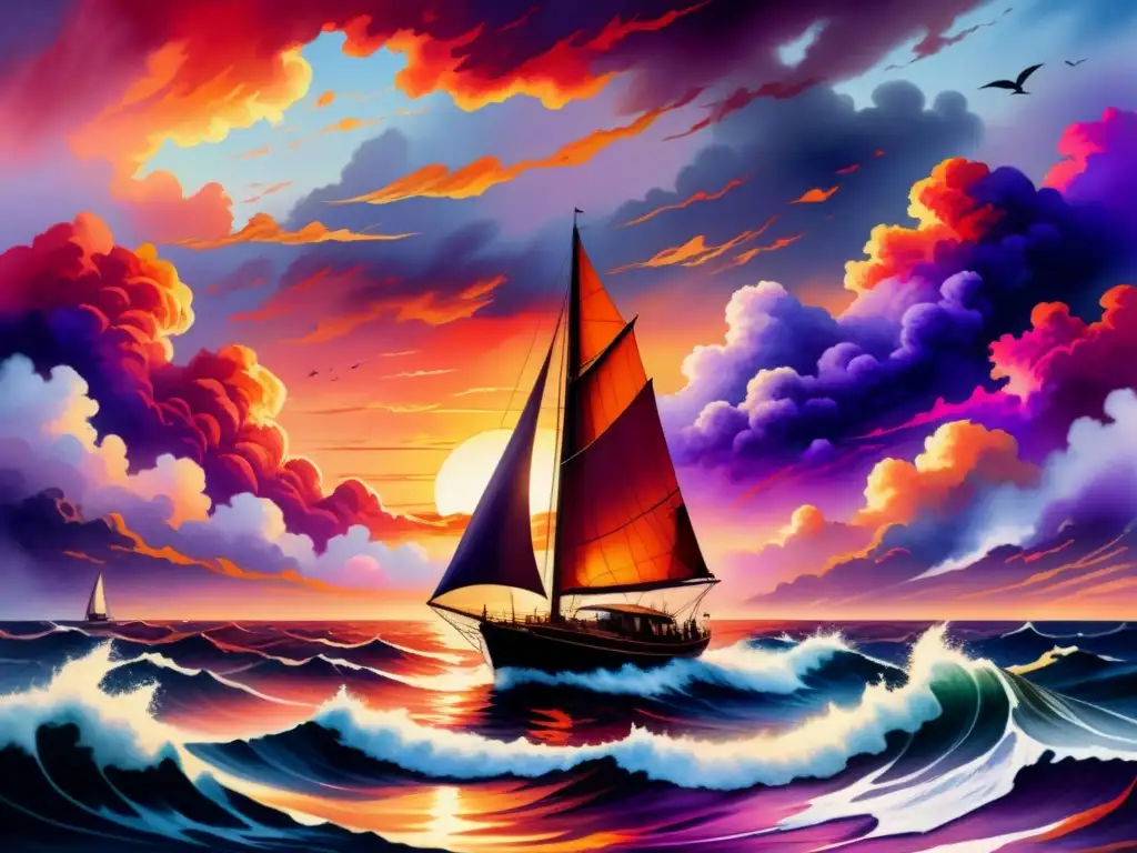 Pintura detallada de un vibrante atardecer sobre el mar, con un velero solitario en el horizonte