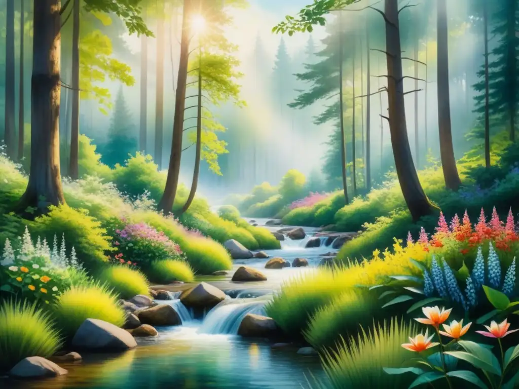 Pintura acuarela detallada y vibrante de un bosque sereno y tranquilo con vegetación exuberante, arroyo y flores coloridas