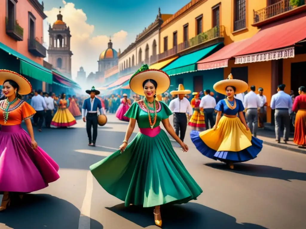 Pintura detallada de la vibrante Ciudad de México con mercados, edificios coloridos y danzas tradicionales