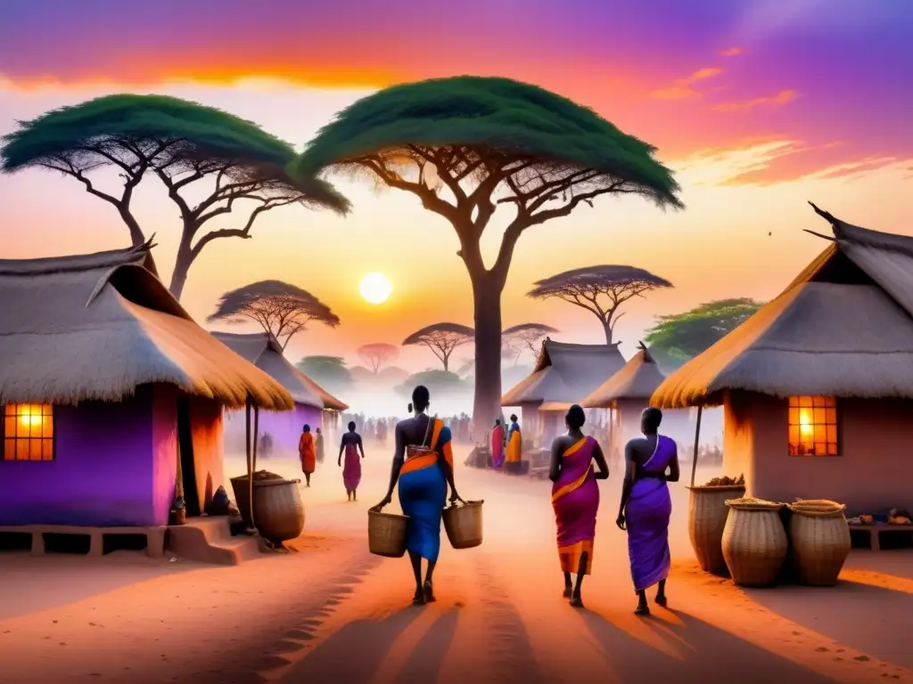 Pintura acuarela detallada y vibrante de un pueblo africano al atardecer, mostrando la intersección cultural y el arte visual de África