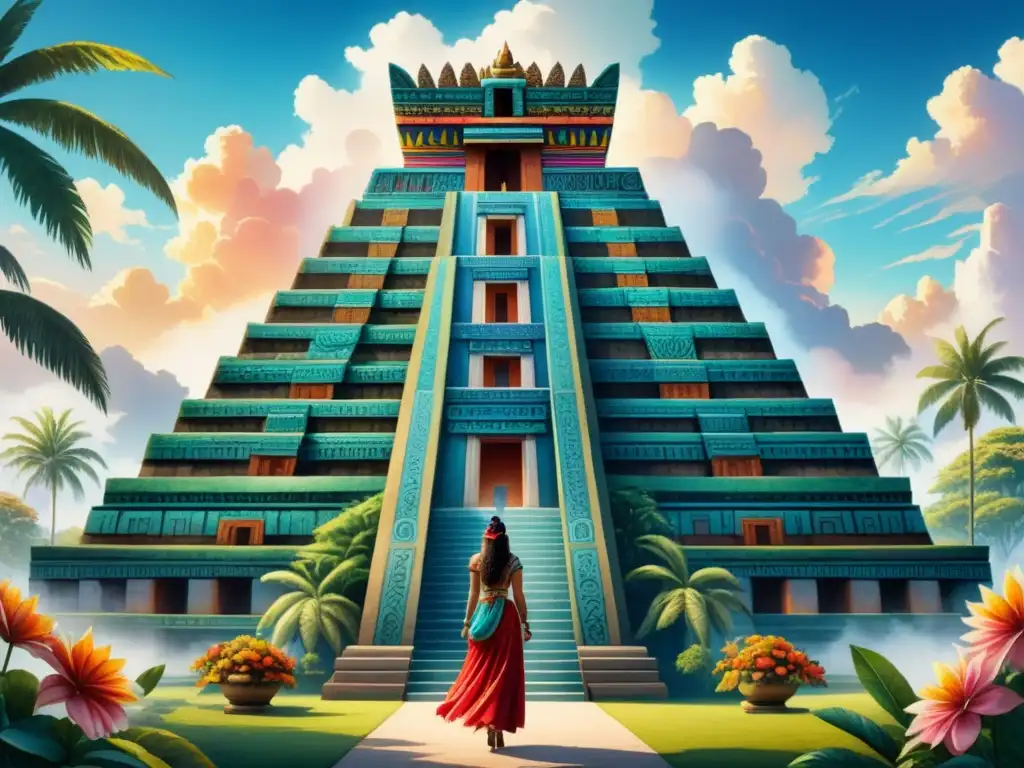 Una pintura detallada de un vibrante templo azteca, fusionando estilos Barroco fuera de Europa influencias en una composición armoniosa y llamativa