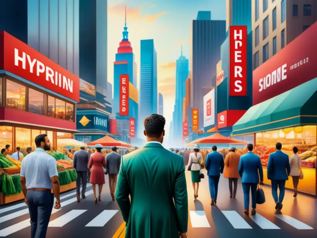Pintura detallada reflejando la vida cotidiana en una bulliciosa calle de la América contemporánea