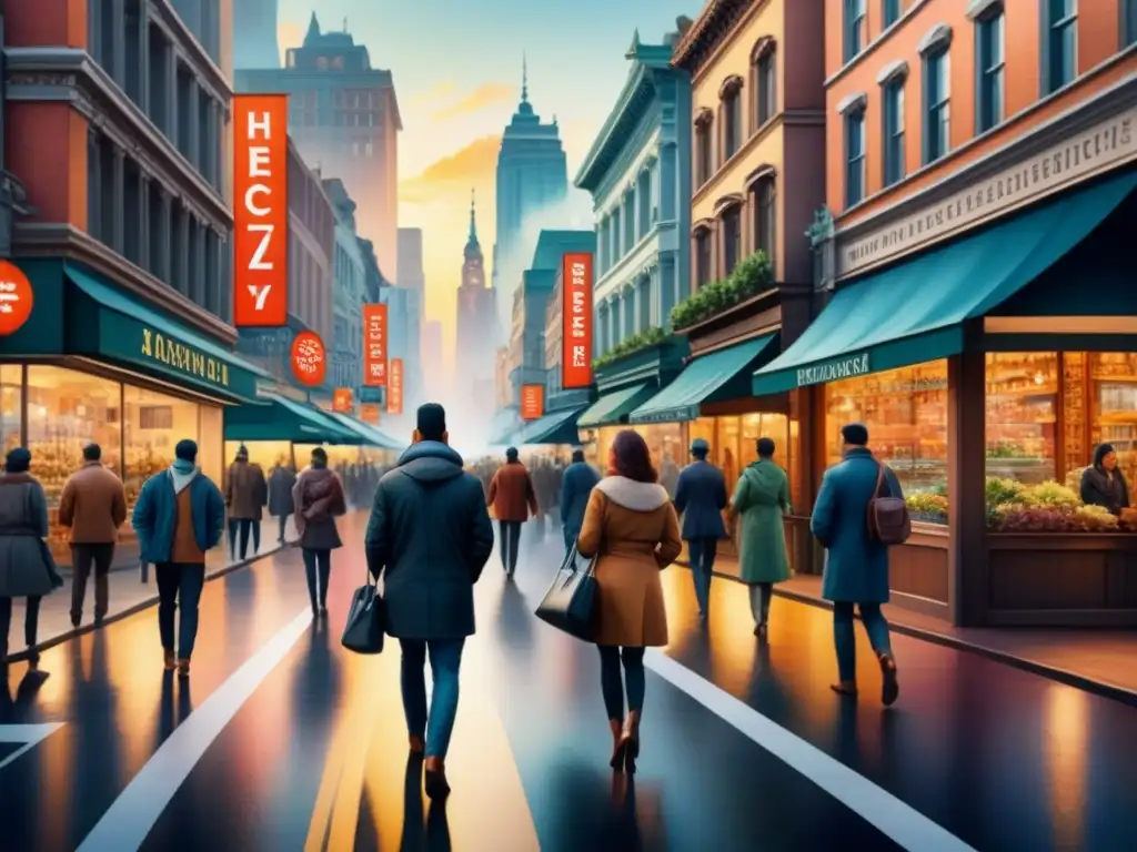Pintura acuarela detallada de vida urbana reflejando diversidad y energía