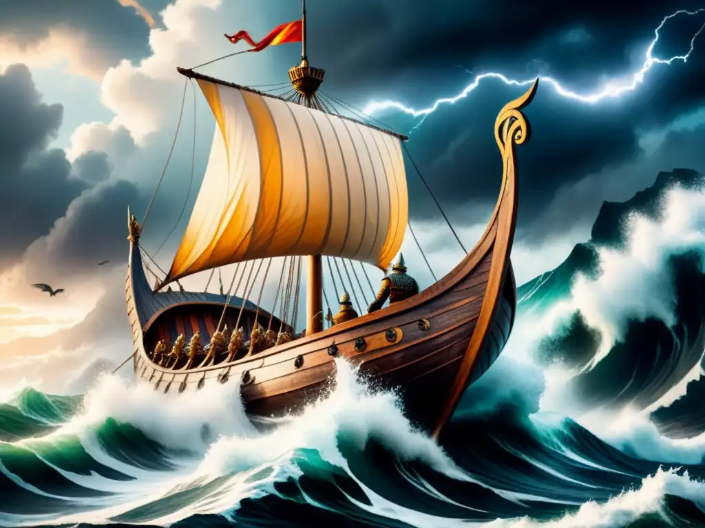 Pintura detallada de un drakkar vikingo surcando mares tormentosos, destacando la influencia nórdica en el arte medieval