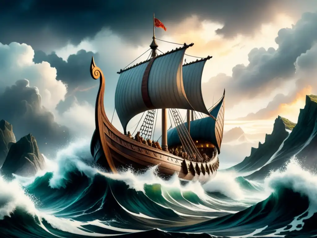 Pintura acuarela detallada de un drakkar vikingo en tormenta, destacando los símbolos de arte vikingo