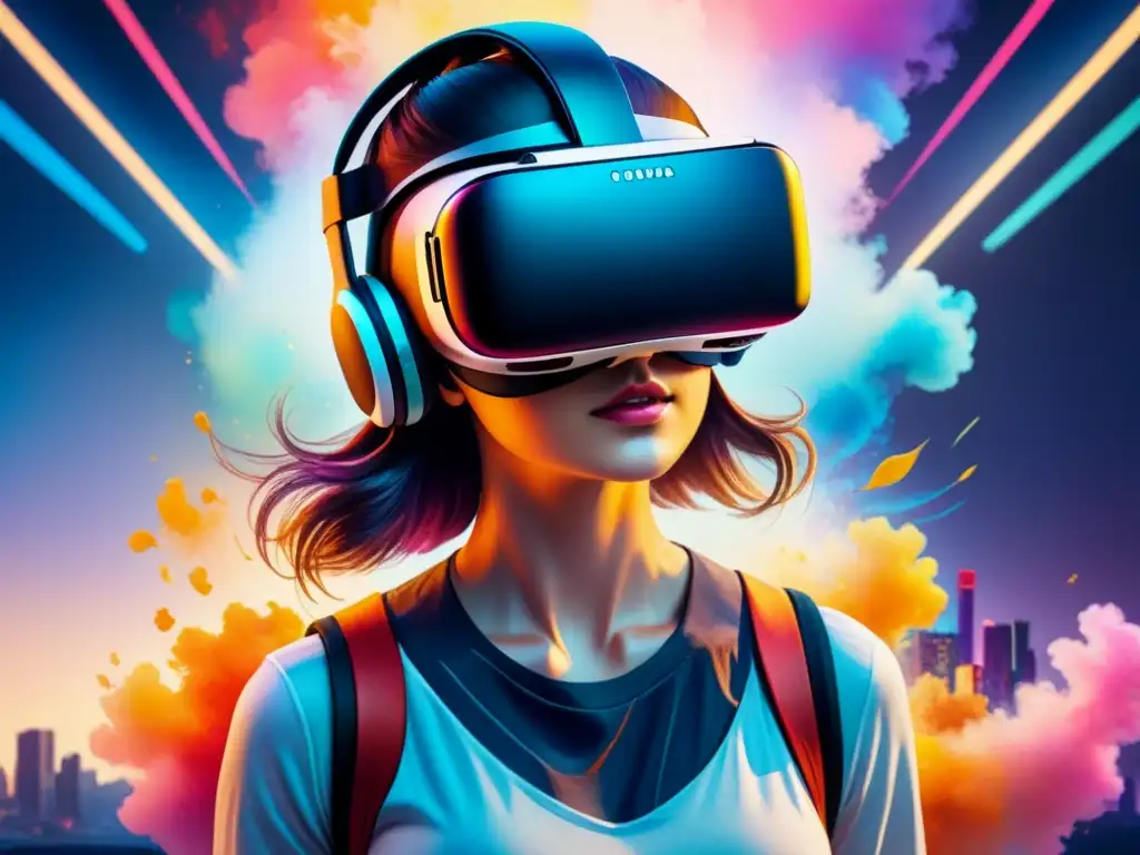 Una pintura detallada de una visera de realidad virtual rodeada de trazos vibrantes y etéreos, fusionando arte tradicional con tecnología moderna