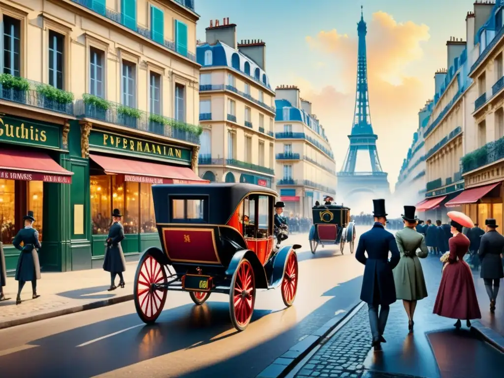 Pintura detallada del París del siglo XIX: elegantes edificios, calles empedradas, coches de caballos y gente de la época