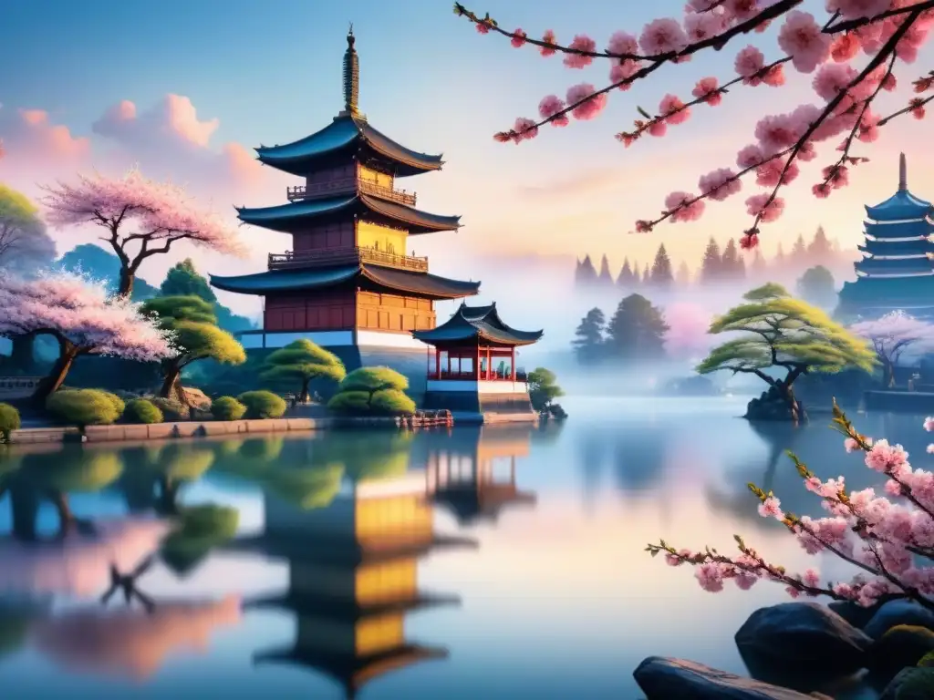 Pintura digital serena de paisaje asiático con árboles de cerezo en flor, lago tranquilo y pagoda entre vegetación