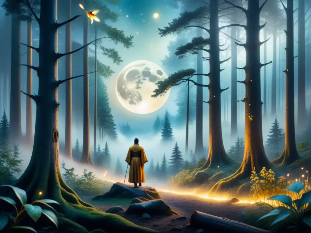 Pintura acuarela de un escena mística en un bosque iluminado por la luna, evocando el Romanticismo y la rebelión contra el Iluminismo