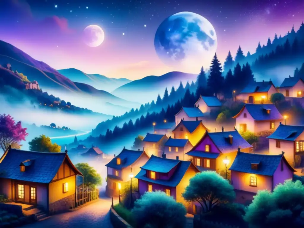 Pintura acuarela de una escena onírica de noche estrellada sobre un pueblo tranquilo, en tonos vibrantes de azules, morados y verdes