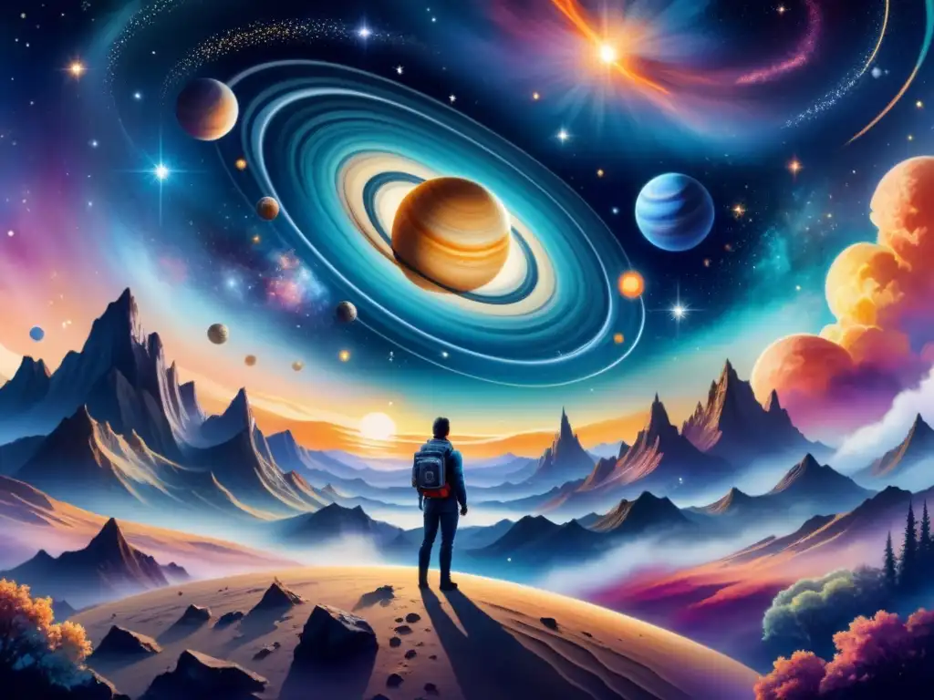 Pintura espacial detallada con galaxias, estrellas y planetas, creando una escena celestial vibrante y cautivadora