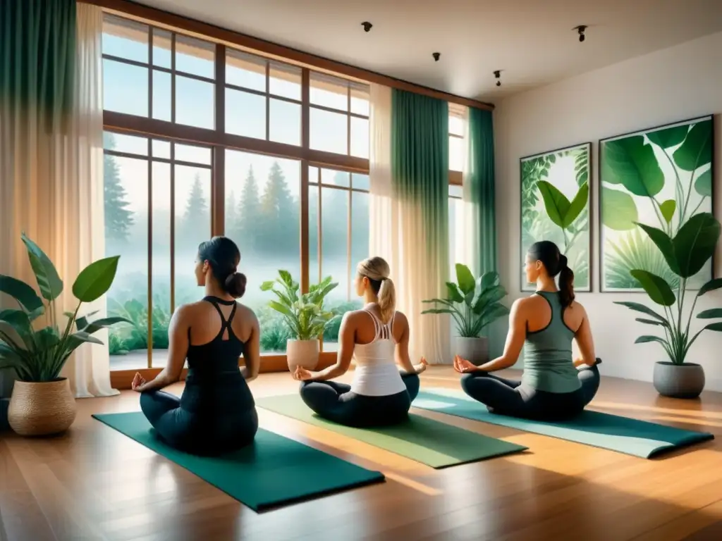 Pintura acuarela de un estudio de yoga sereno, con plantas verdes y personas en posturas variadas, transmitiendo paz y unidad