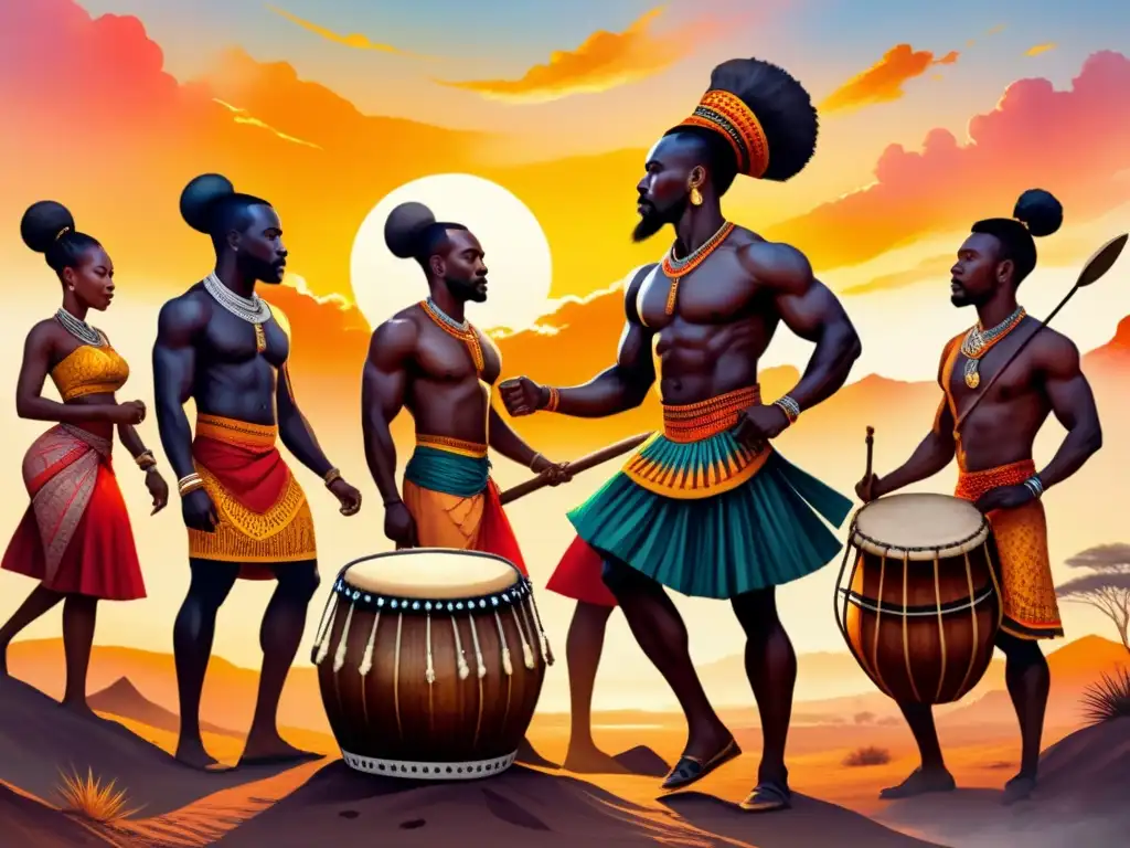 Pintura acuarela de la experiencia colectiva africana: diversidad, tradiciones y unidad bajo el vibrante cielo africano al atardecer