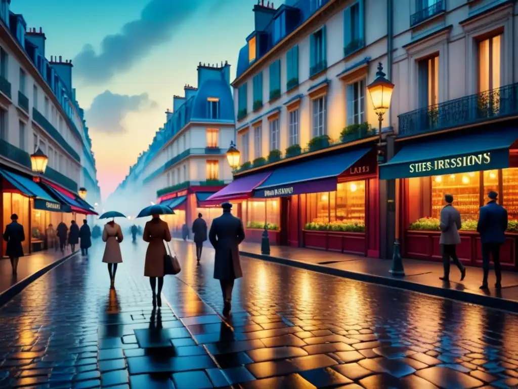 Paris nocturno: calle iluminada en acuarela Una pintura acuarela fascinante de una bulliciosa calle parisina de noche, iluminada por una colorida luz artificial en estilo Postimpresionista