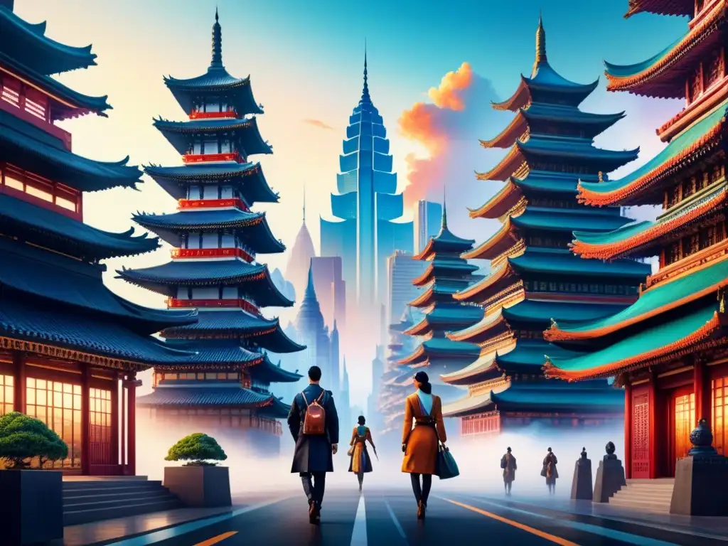 Pintura acuarela serena: fusión ciudad futurista con arquitectura cultural, reflejando arte digital técnicas intersección cultural