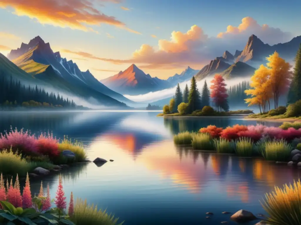 Pintura acuarela hiperrealista de paisaje sereno con equilibrio de luz y sombra